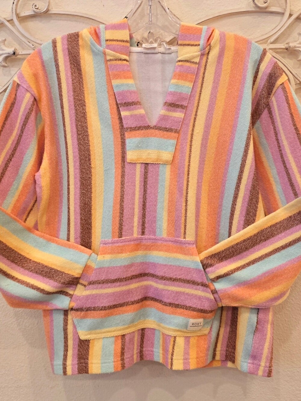 Roxy Girl Pastel Stripe V-Neck Hooded Pullover Sz 14